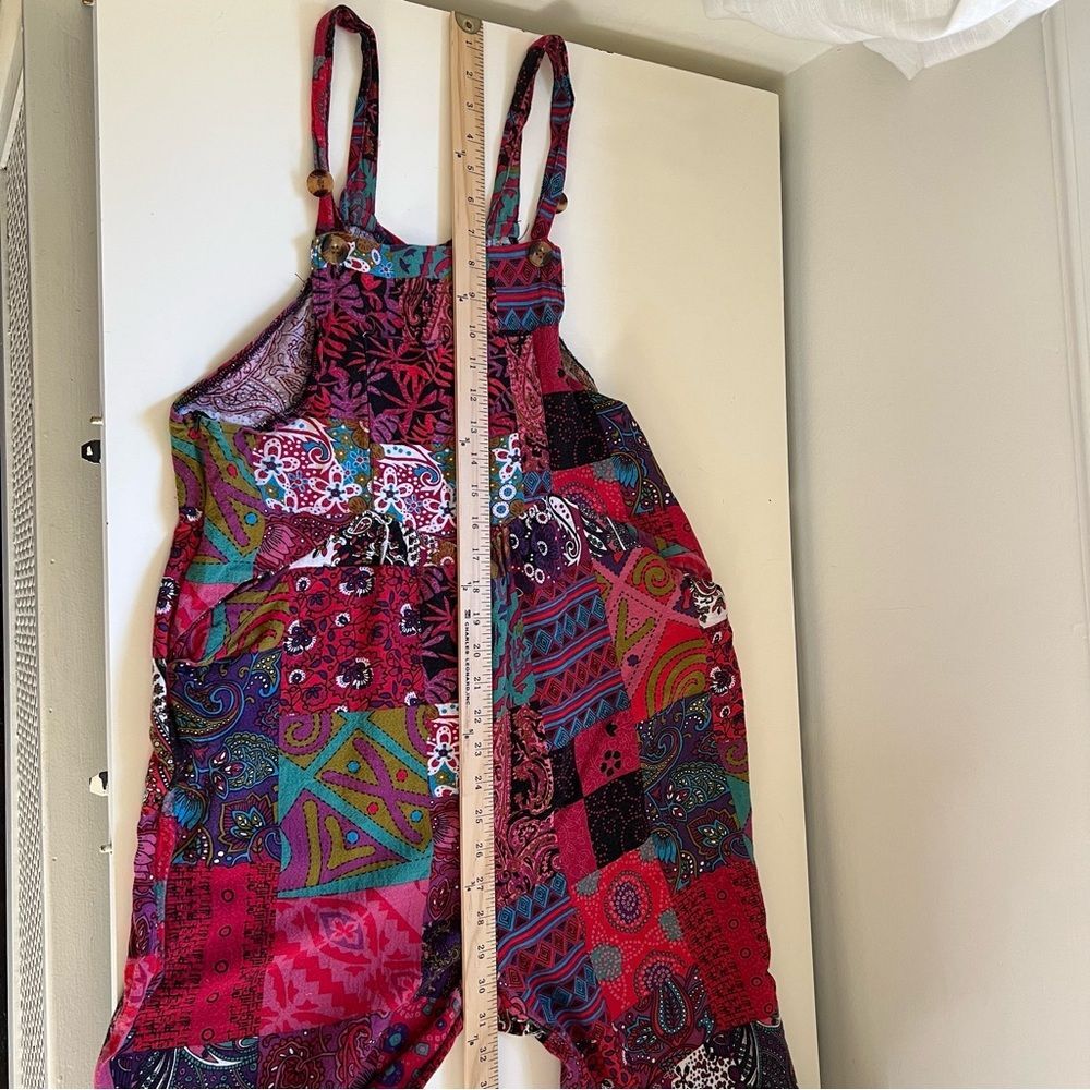 Patchwork Print Overalls Size Small Pockets Wide … - image 8